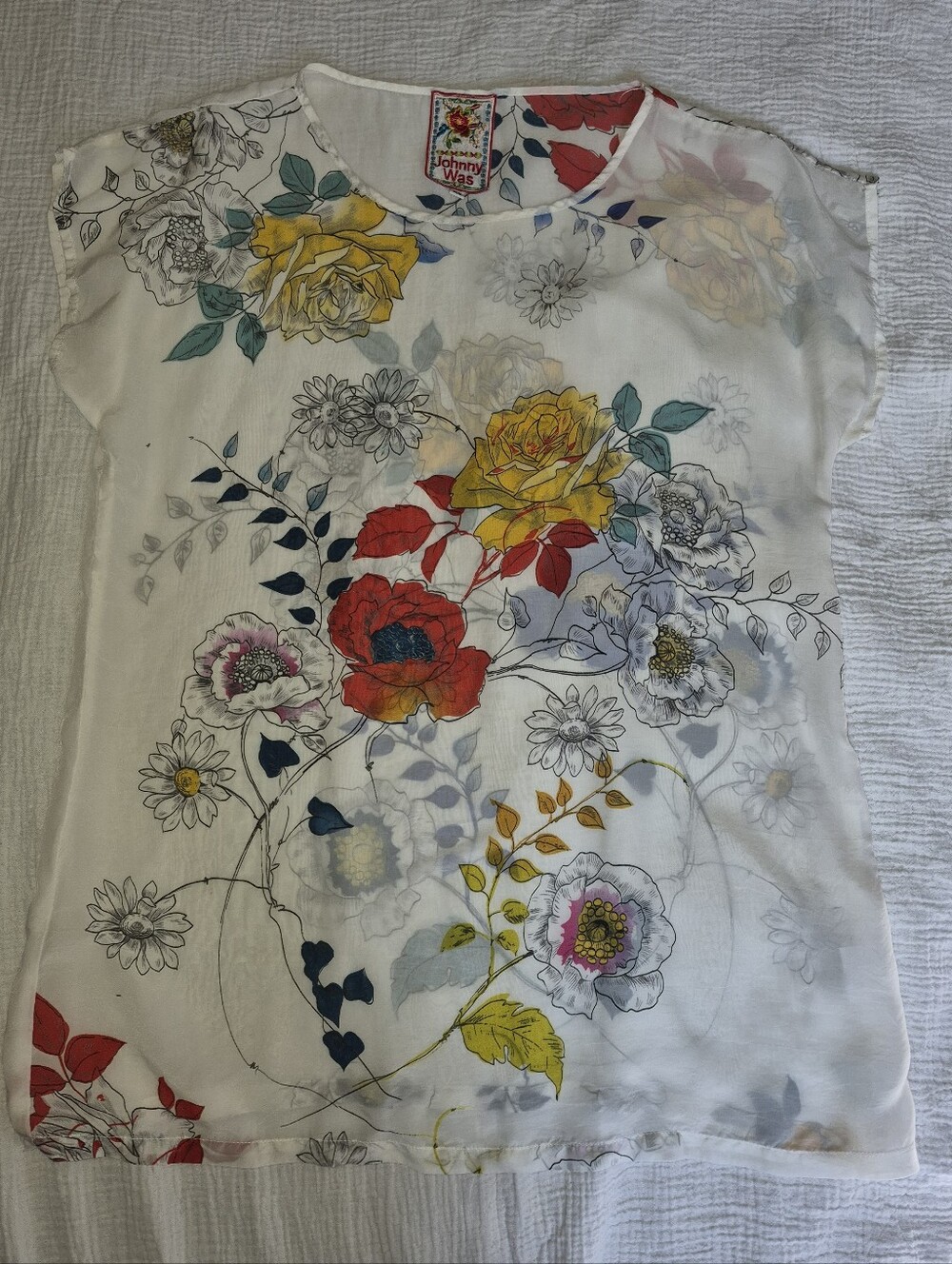 Johnny Was Sheer Cupro Floral Blouse, Size XS, Boho